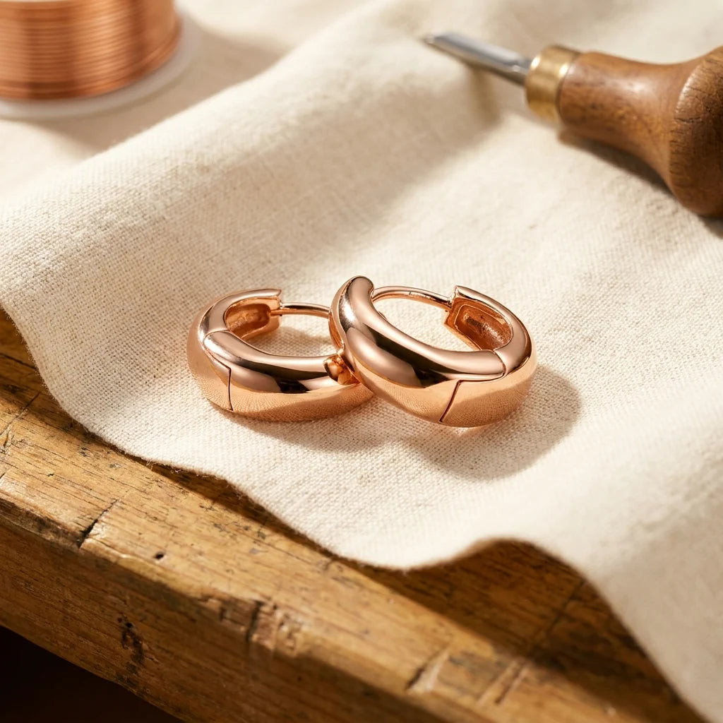 Copper hoop earrings with chunky curved design and rose gold tone finish resting on neutral linen fabric