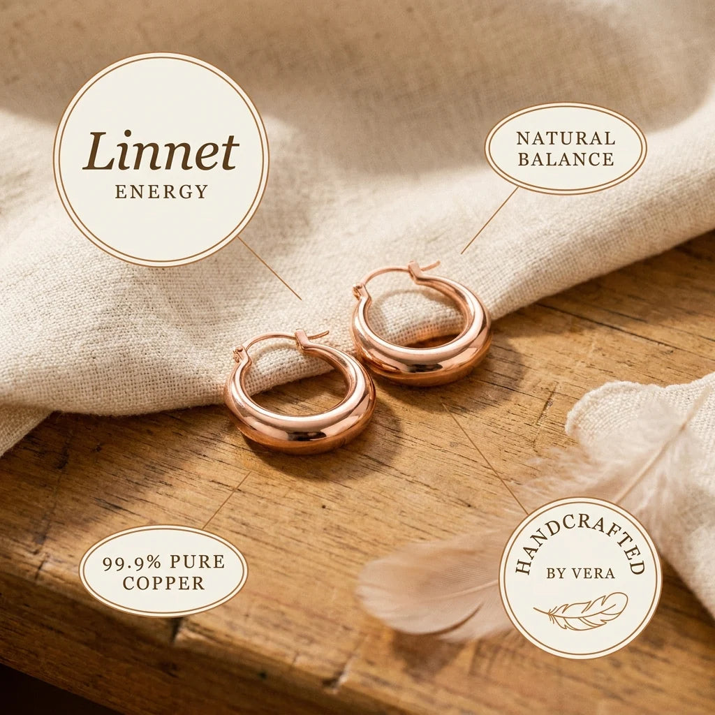 Copper hoop earrings positioned on wooden surface showing warm rose gold tone and reflective quality