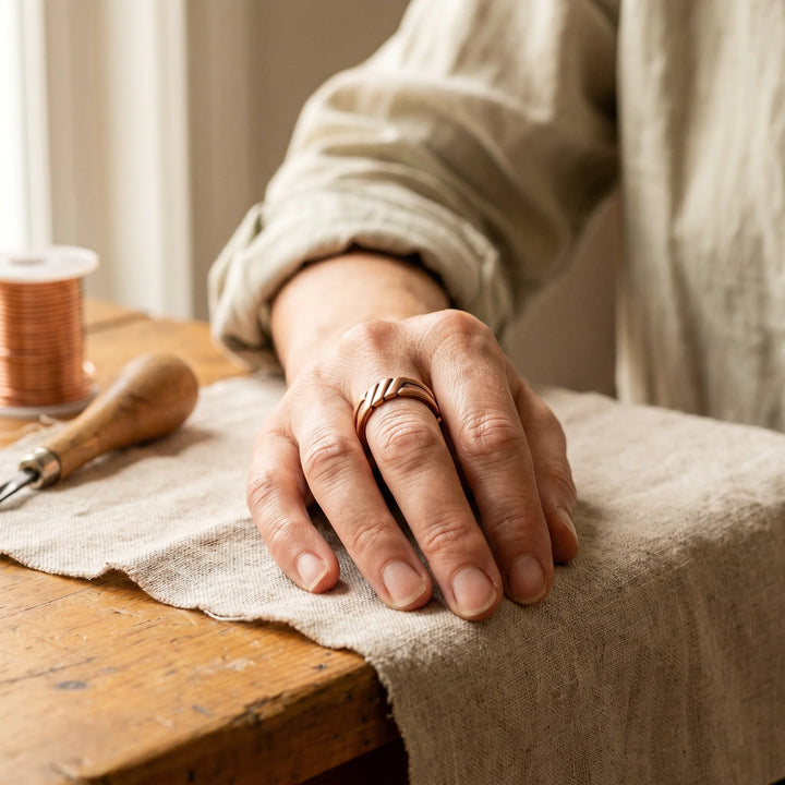 Close-up view of copper ring showing hand-carved grooves and open-back adjustable band design