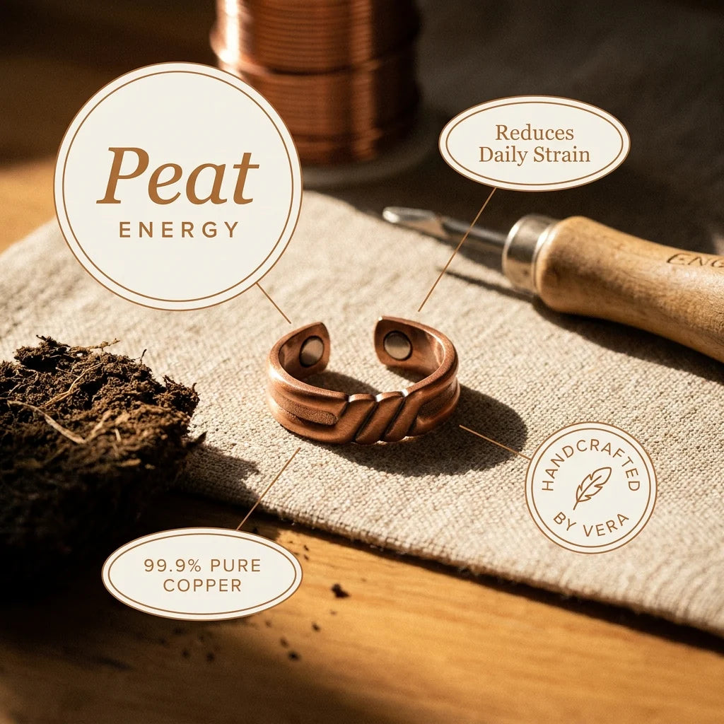 Women's copper ring styled on natural linen with crafting tools in soft background