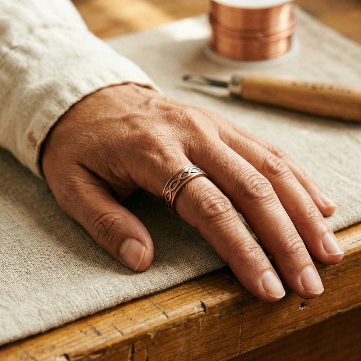 Women's copper ring showing open cuff design and decorative woven band detailing