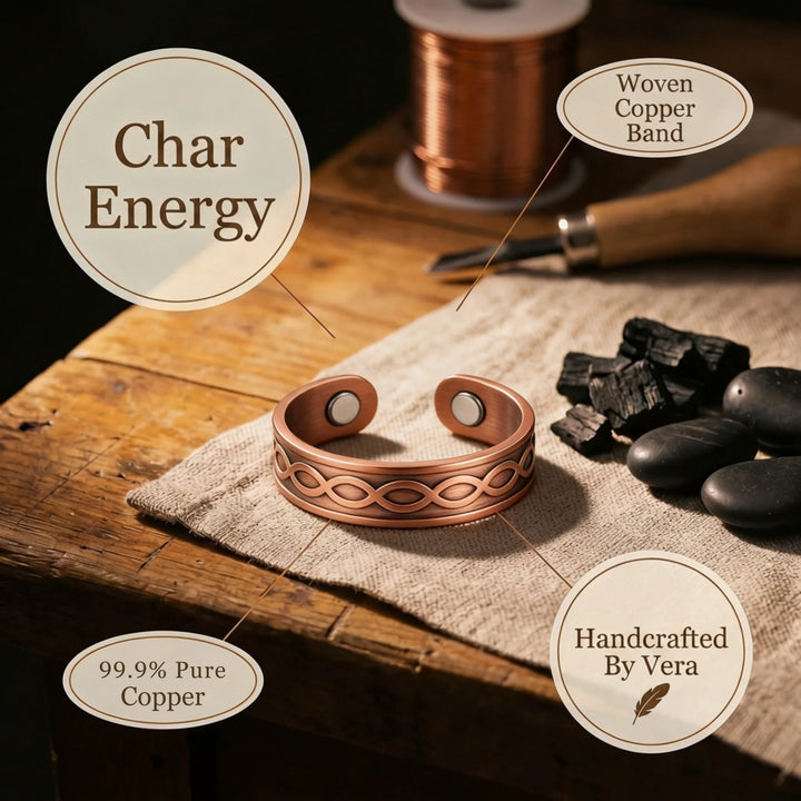 Women's copper statement ring featuring open cuff and polished finish detail view