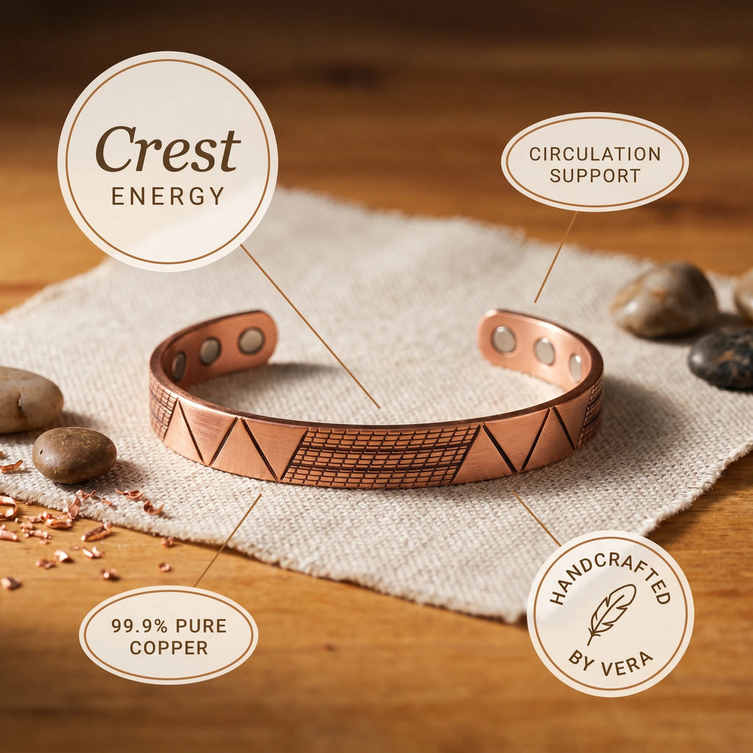 Geometric patterned copper bracelet on natural fabric with crafting tools in background