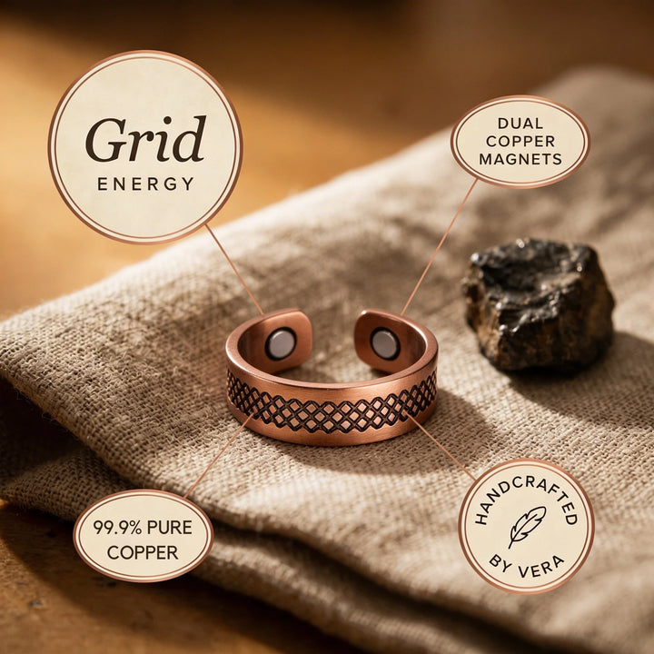 Women's copper ring with lattice pattern shown next to metalworking tools on rustic wooden bench