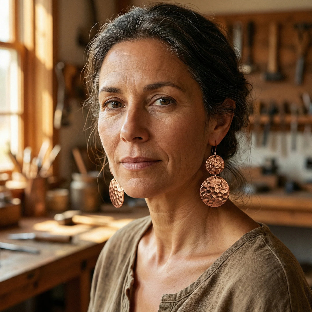 Close-up view of textured copper drop earrings showing hammered surface detail and linked disc construction