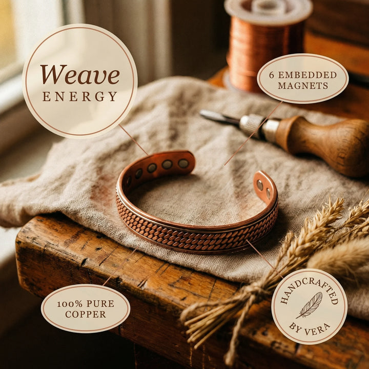 Women's copper cuff bracelet styled with neutral linen fabric and artisan crafting tools