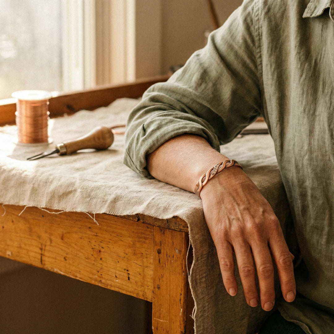 Close-up of copper cuff bracelet showing embedded magnets and braided pattern