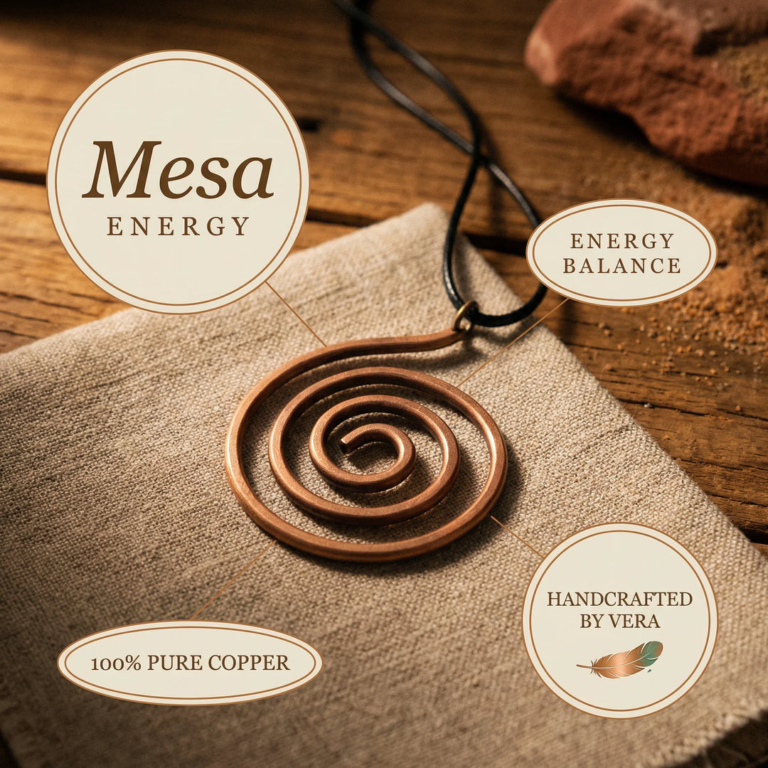 Side angle of copper spiral pendant necklace highlighting three-dimensional coil structure and depth