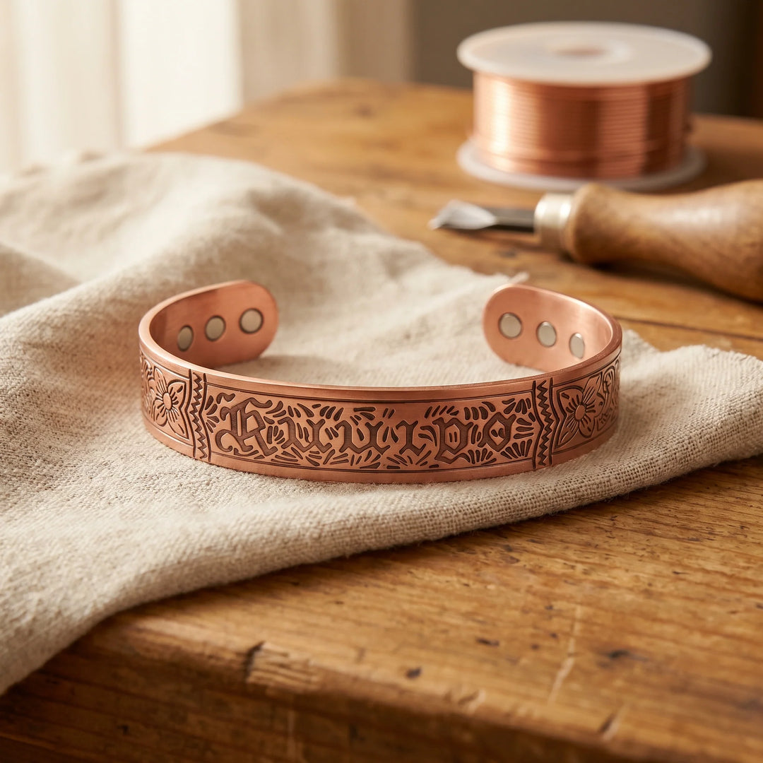 Women's engraved copper cuff bracelet with gothic lettering and botanical vine detailing on linen fabric