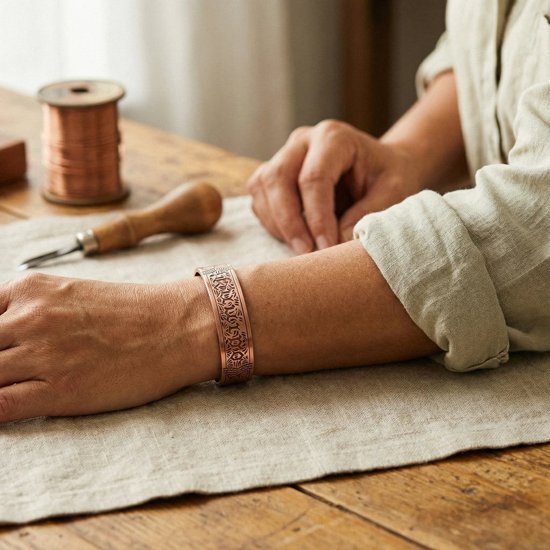Close-up of hand-engraved copper cuff bracelet showing intricate gothic script and botanical pattern borders