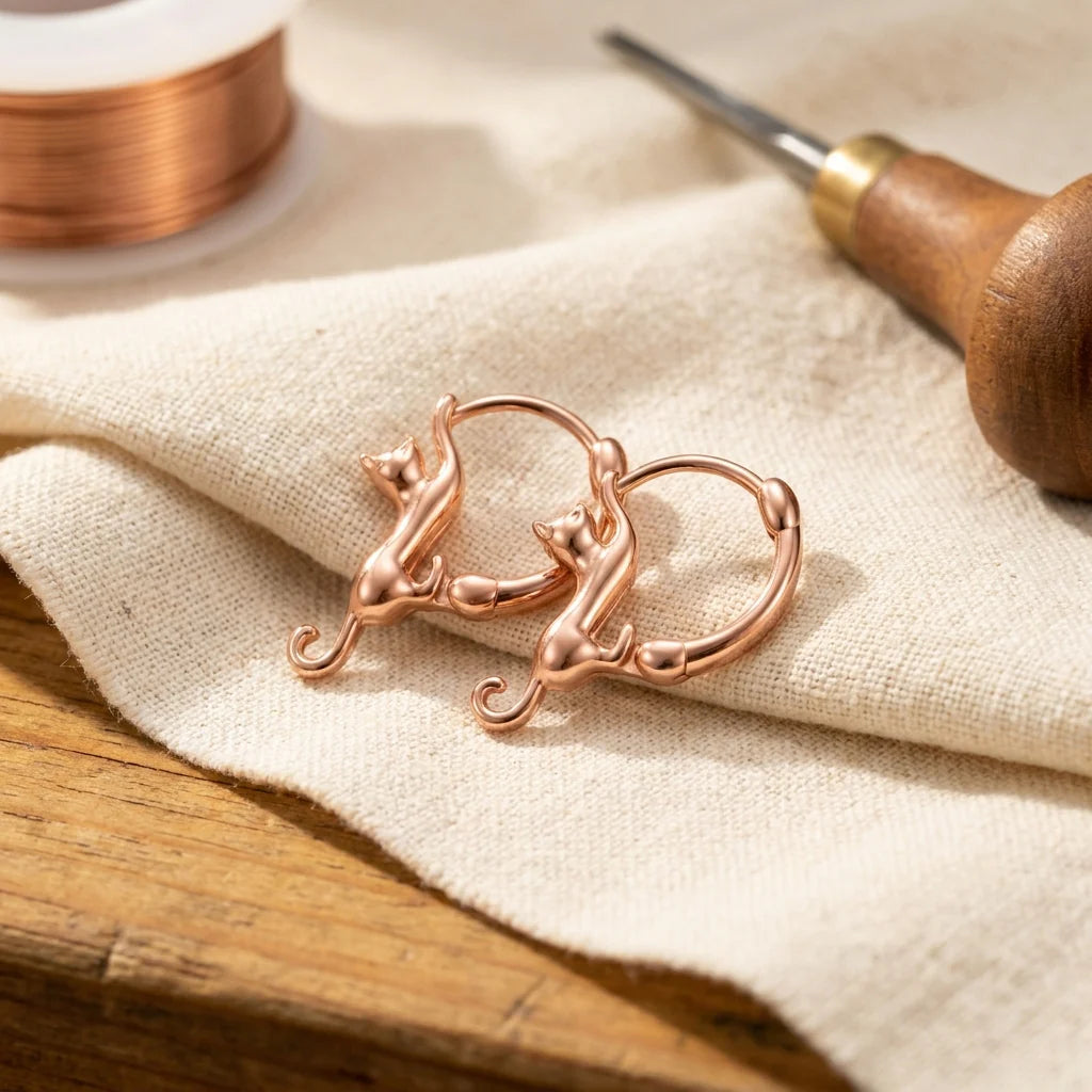 Rose gold hoop earrings with sculptural swirl detail resting on natural linen fabric beside jewellery tools