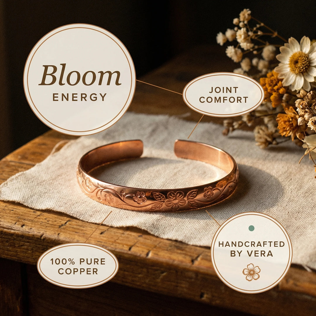 Hand-engraved floral copper cuff bracelet positioned beside crafting tools on wooden table