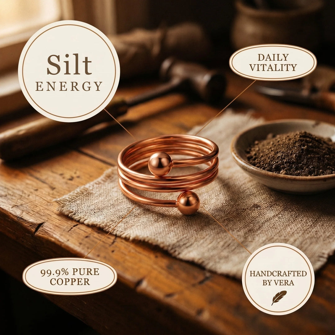 Adjustable copper spiral ring in warm rose-gold tone on natural textile