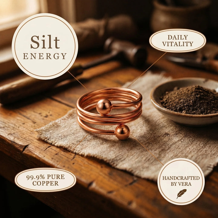 Adjustable copper spiral ring in warm rose-gold tone on natural textile