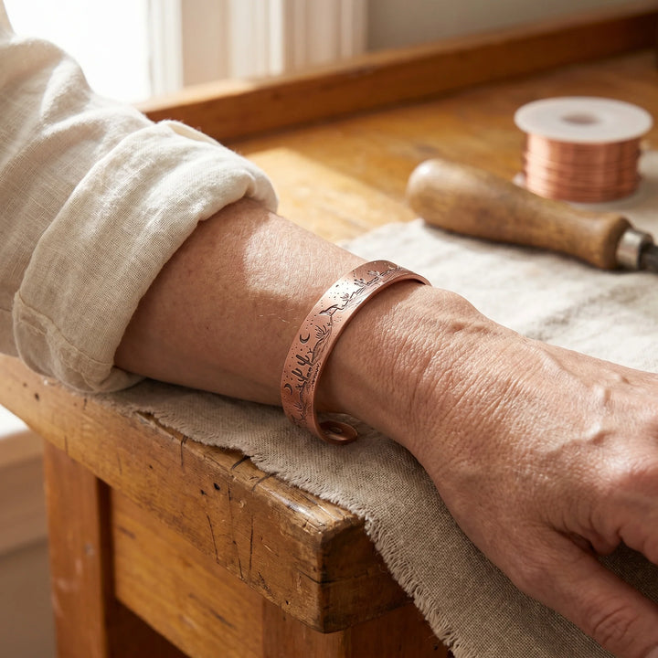 Close-up of copper cuff bracelet showing detailed desert landscape engraving with moon and stars