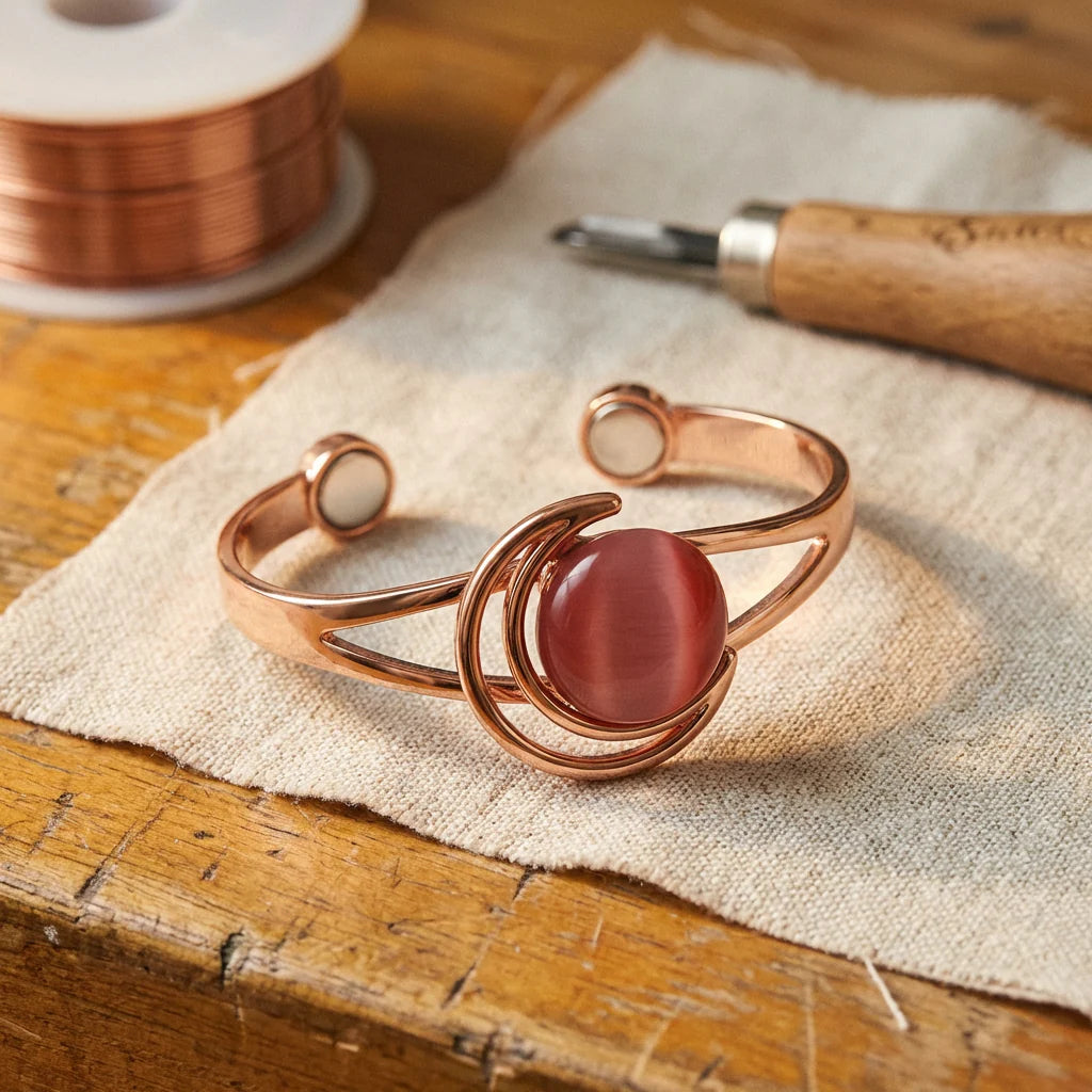 Women's copper cuff bracelet with pink stone centrepiece and orbital wire design on linen cloth