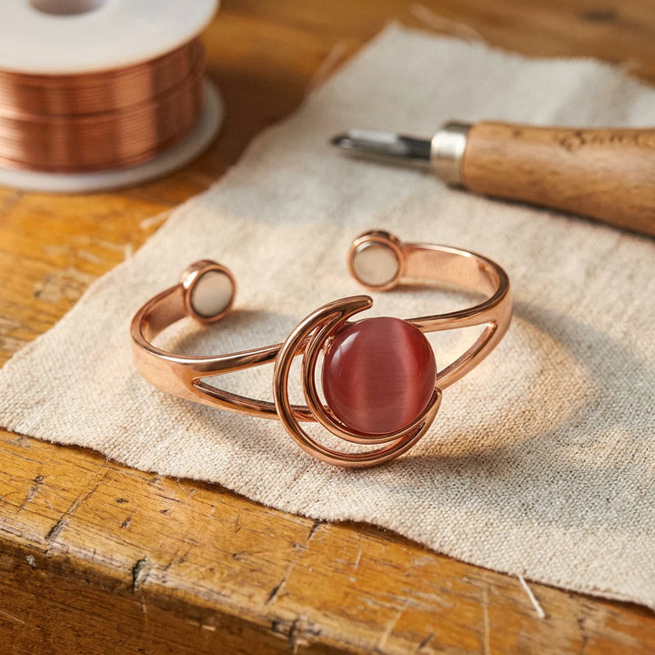 Women's copper cuff bracelet with pink stone centrepiece and orbital wire design on linen cloth