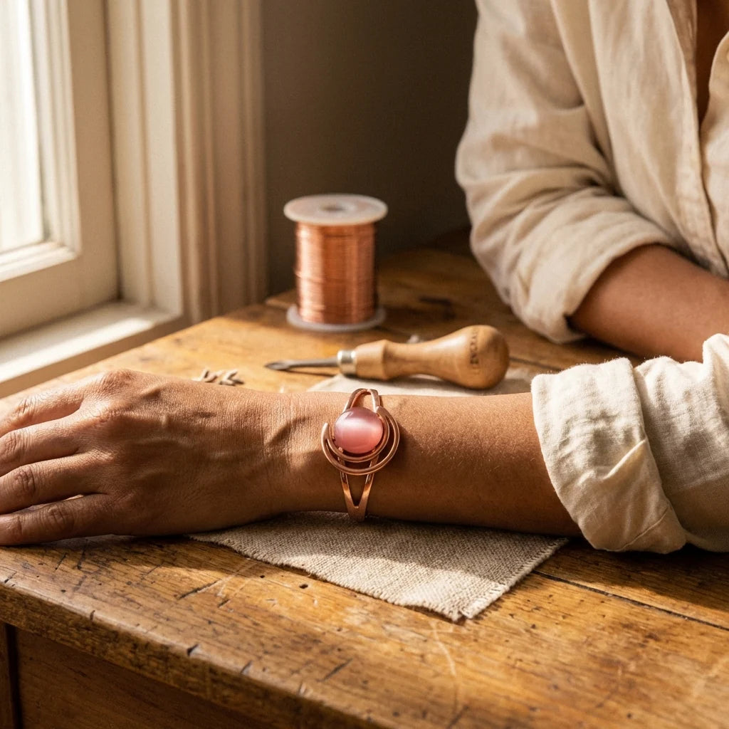 Copper cuff bracelet showing adjustable open-back construction and smooth pink stone detail