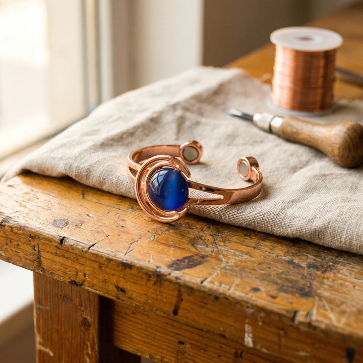 Women's copper cuff bracelet with deep blue cabochon stone and magnetic closures resting on rustic wooden surface