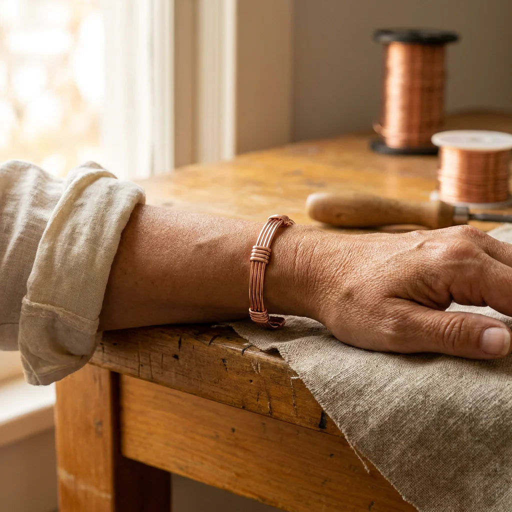 Close-up view of handcrafted copper cuff showing five raised ridges and wire detailing