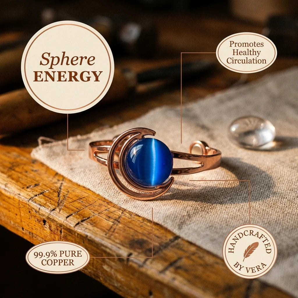 Detail shot of copper cuff bracelet showing warm metallic finish and stone setting craftsmanship