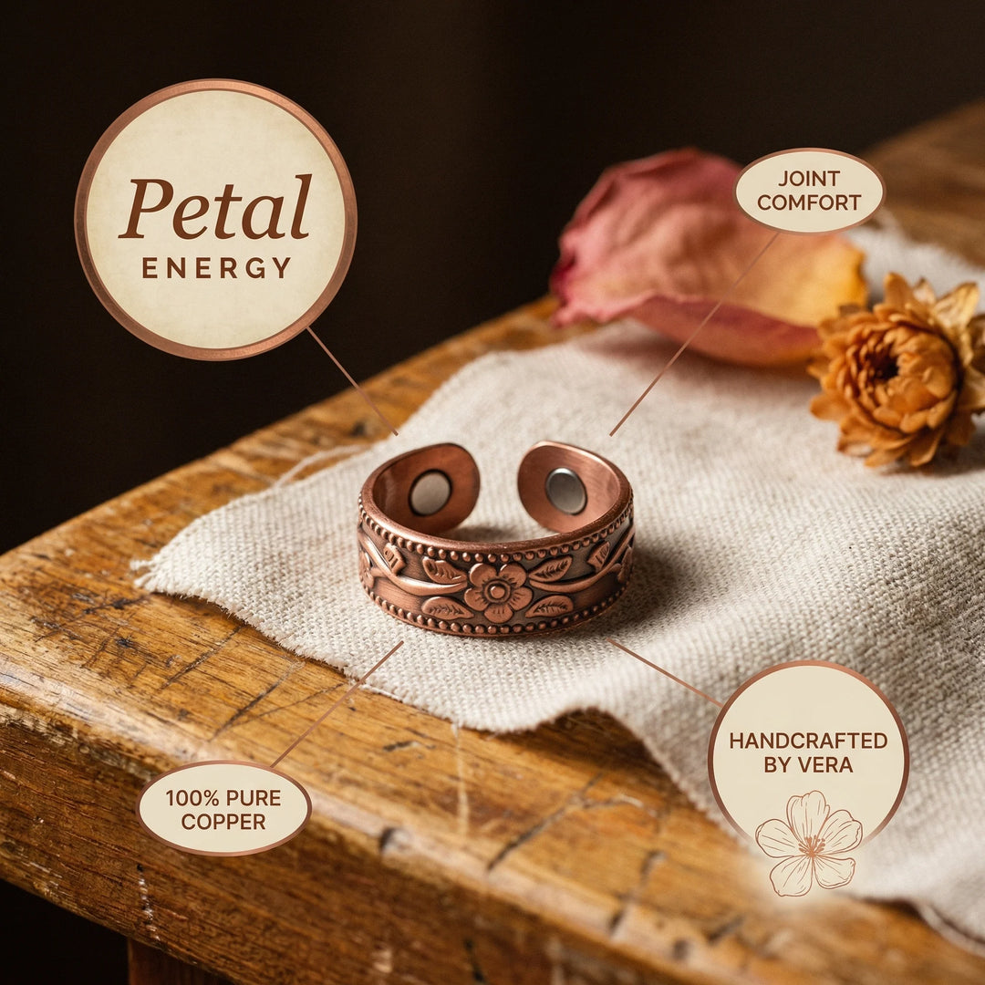 Copper adjustable ring on natural linen showing artisan metalwork and decorative border