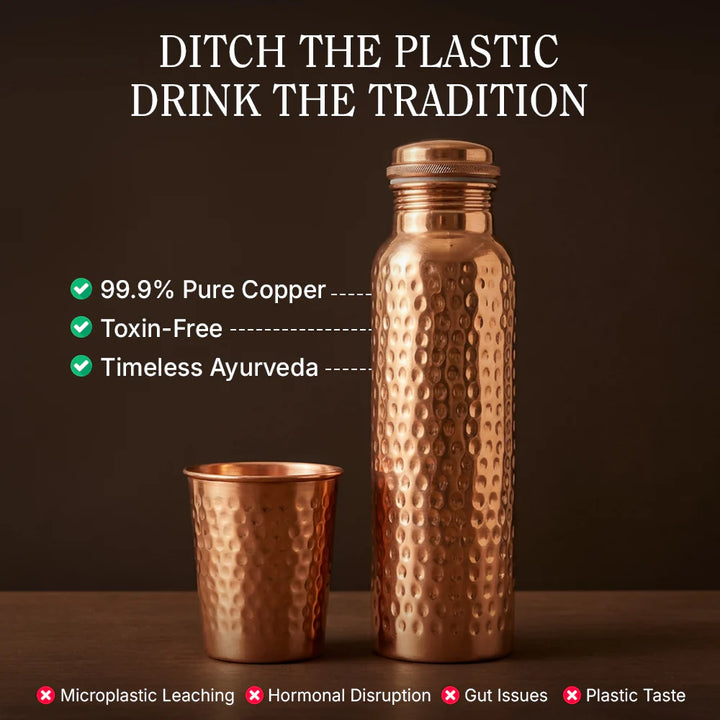 Hammered copper water bottle set with matching tumbler featuring dimpled texture and screw-top lid on dark background