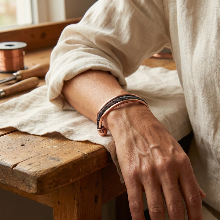Close-up of copper mesh cuff bracelet showing metalwork detail and coil-wrapped collar finish