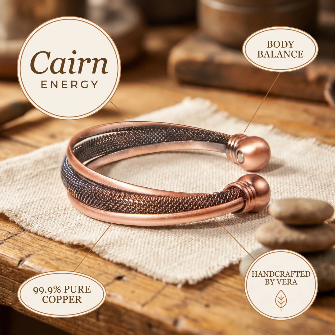 Copper mesh cuff bracelet displayed on natural linen showing artisan metalwork construction