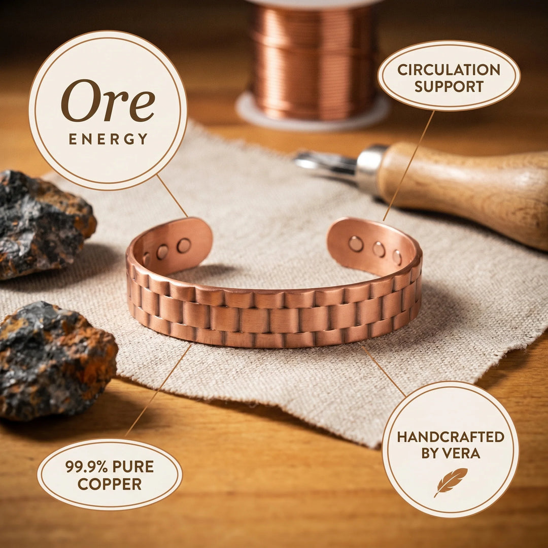 Statement copper bracelet with wide band design and decorative embossed link pattern