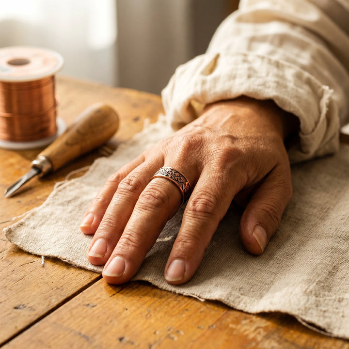 Close-up view of adjustable copper ring showing intricate floral engraving detail
