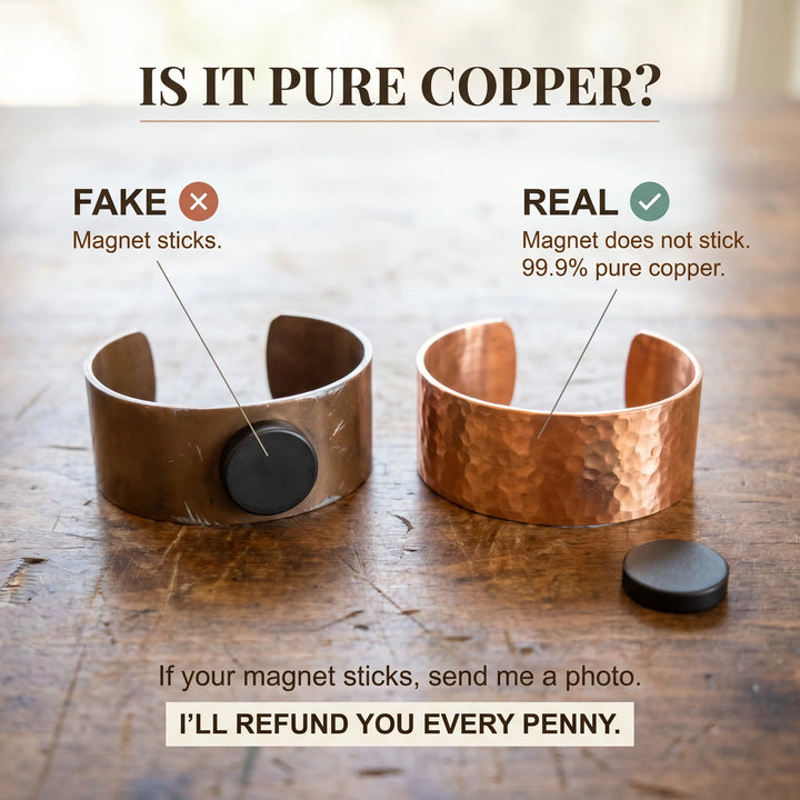 Copper cuff ring with open-back design and decorative band pattern