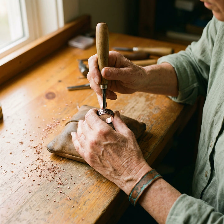 Hand-engraved floral copper ring on natural linen fabric with crafting tools
