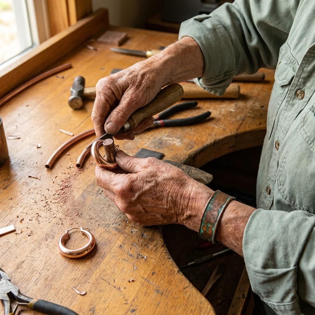 Overhead angle of polished rose gold hoops highlighting rounded shape and warm tone