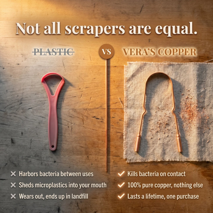 Copper tongue scraper displayed with natural linen cloth demonstrating size and curved shape for oral care