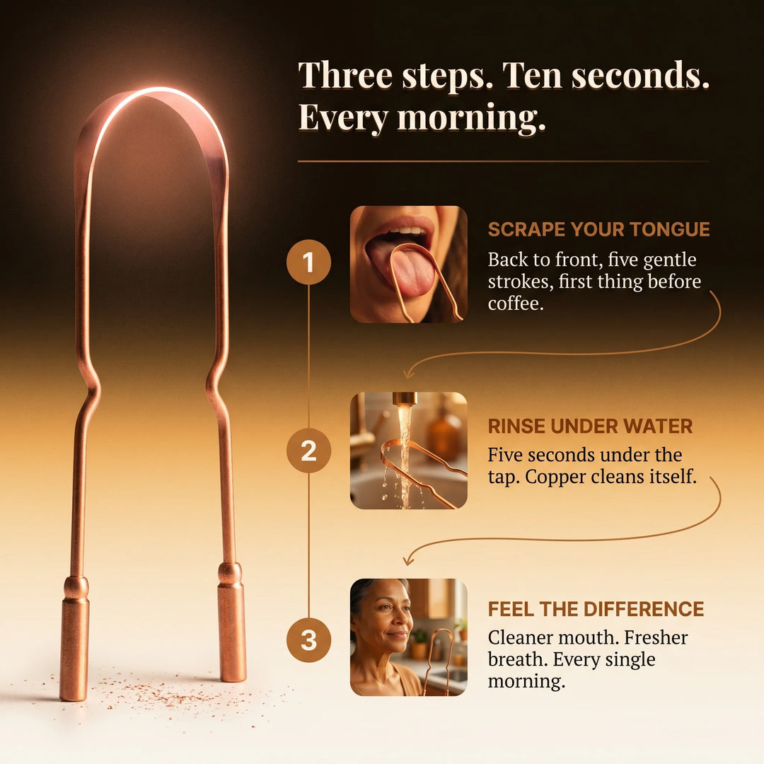 Copper tongue scraper shown with morning routine accessories on rustic wooden table setting