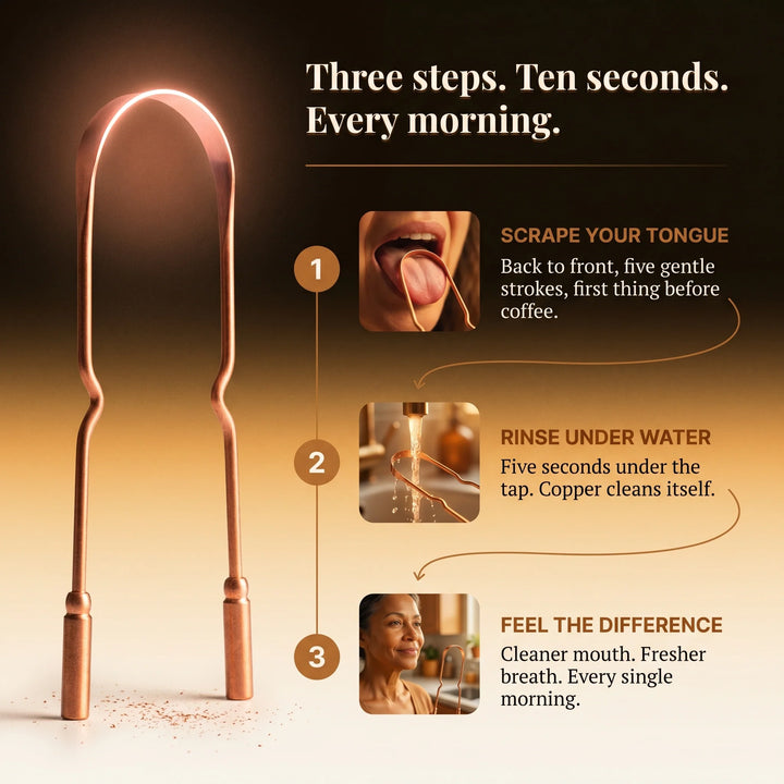 Copper tongue scraper shown with morning routine accessories on rustic wooden table setting