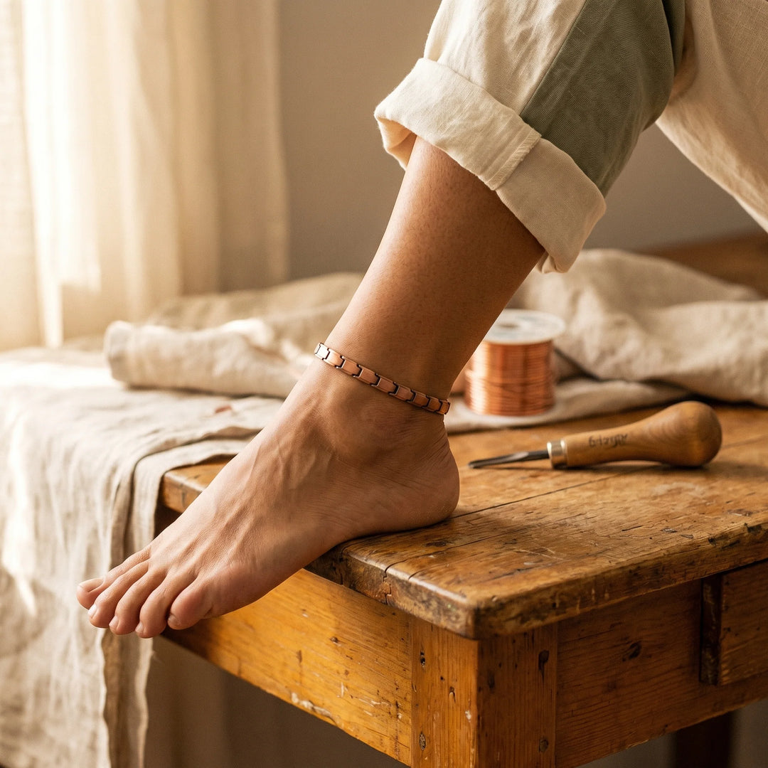 Women's copper anklet with hand-formed links worn around the ankle in a relaxed setting