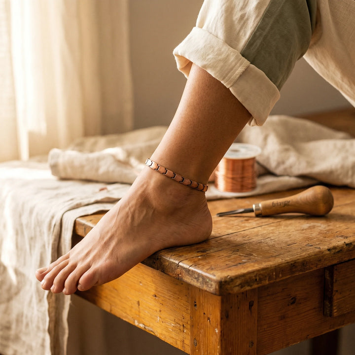 Women's copper anklet with hand-formed links worn around the ankle in a relaxed setting