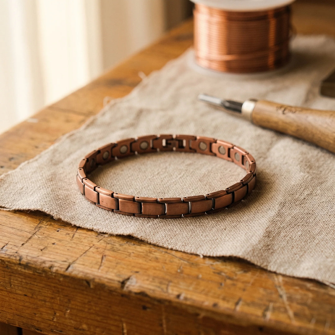 Close-up of adjustable copper chain anklet showing warm metallic finish and flat link construction