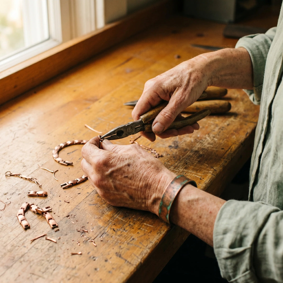 Detail shot of hand-formed copper links on anklet bracelet with smooth surface finish