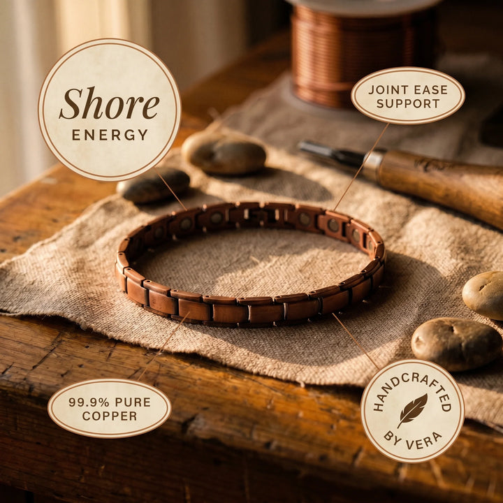 Women's copper anklet worn barefoot on wooden surface showing adjustable chain design