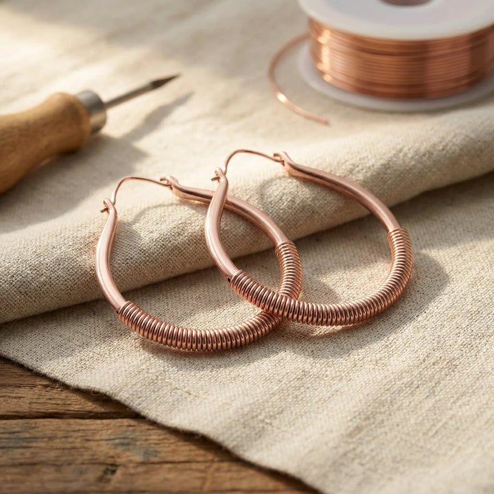 Copper wire-wrapped hoop earrings with teardrop shape and coiled detail resting on neutral fabric