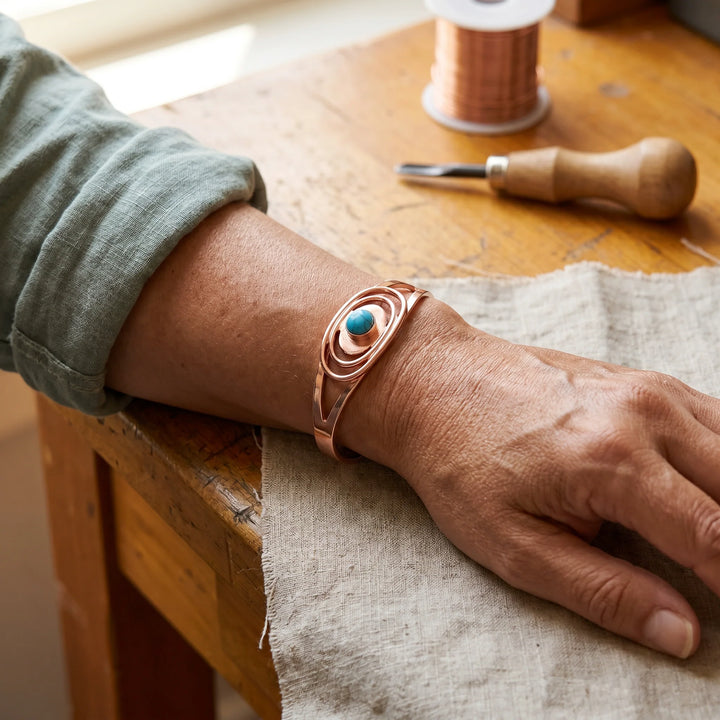 Women's copper cuff bracelet showing adjustable open design with magnetic interior detail and turquoise cabochon
