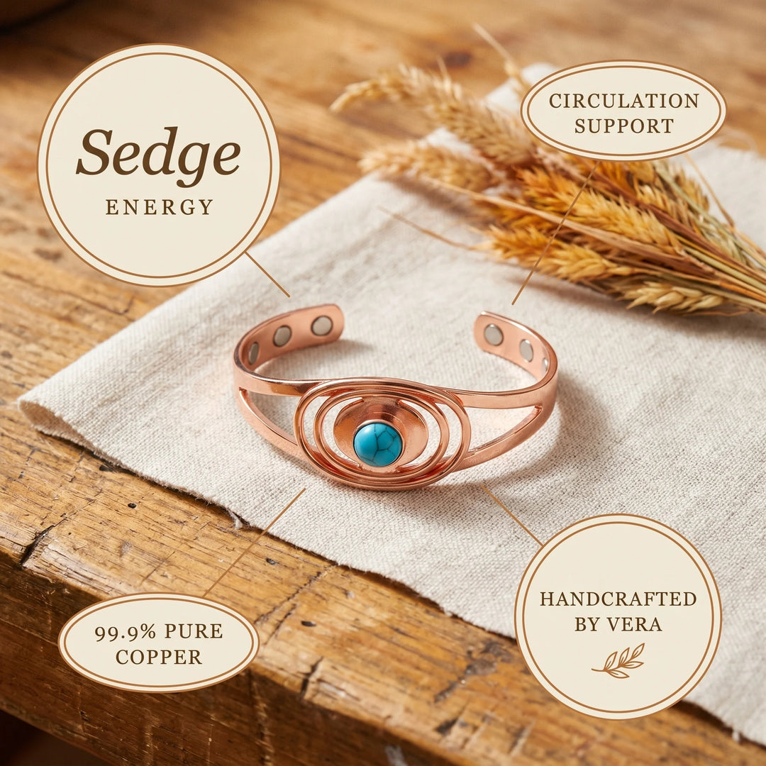 Adjustable copper cuff bracelet featuring concentric ovals and round turquoise stone in bezel setting