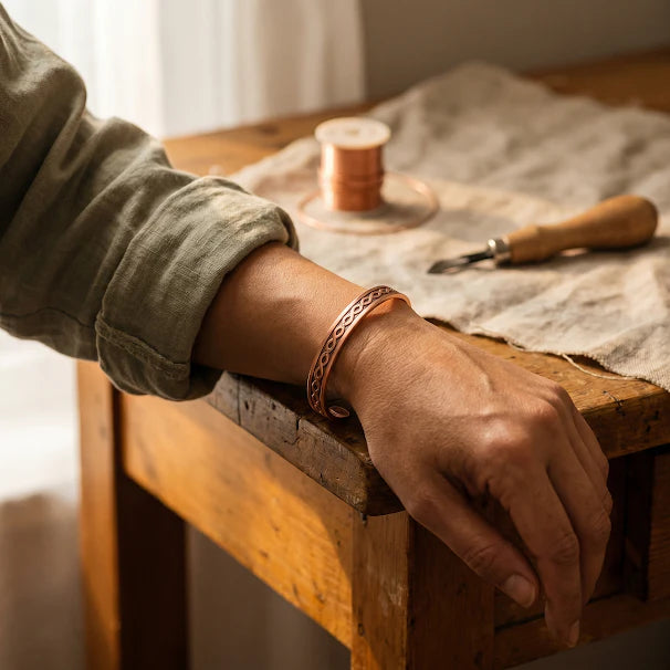 Close-up of adjustable copper cuff bracelet showing warm rose-gold finish and open design