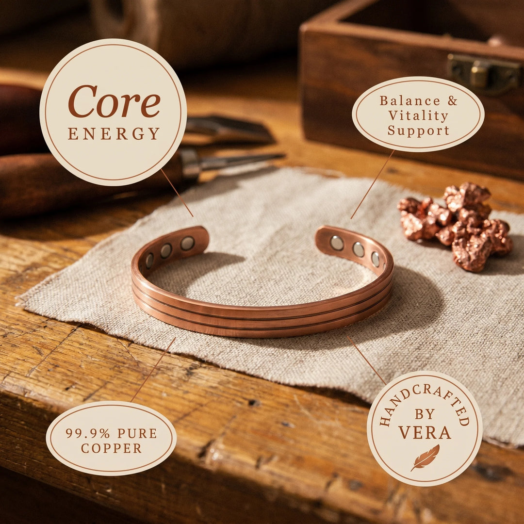Women's copper bracelet with grooved surface and warm metallic finish on wrist
