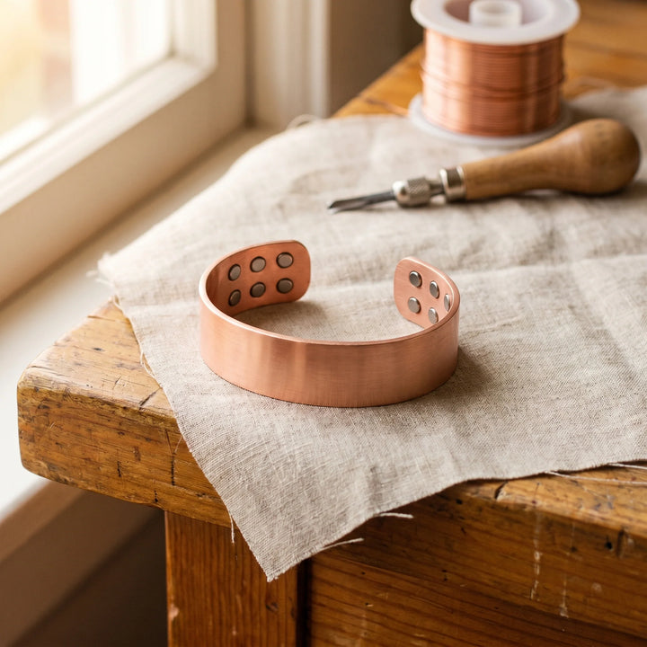 Copper cuff bracelet with decorative dot detailing displayed on linen fabric beside crafting tools