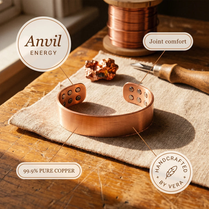 Rose gold copper cuff bracelet featuring geometric dot pattern along centre band