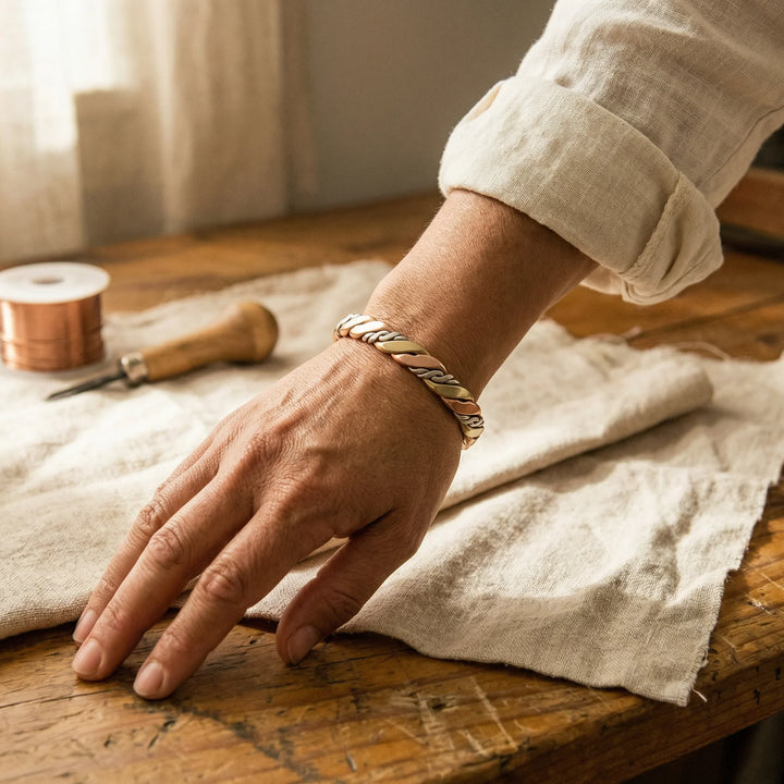 Close-up of tri-tone twisted copper bangle showing rose copper brass and silver-tone braided strands